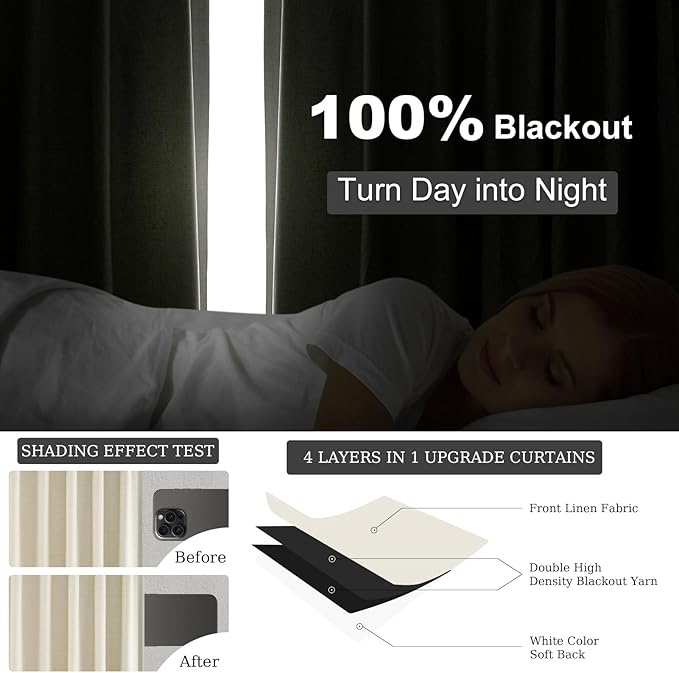 86 Inches Long Cream Colored Custom Blackout Linen Curtains Ivory Cream Pinch Pleated Noise Cancelling Curtains with Pin Hooks for Traverse Burlap Viral Drapes 2 Panels for Living Room Bedroom