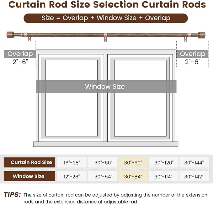 1” Diameter Curtain Rods Itself is 30 to 90 inch 2 Pack Fit 30-84 inch Window with Heavy Duty Adjustable Rod Matte Wood Grain Splicing Metal Extra Long Curtain Rod for Windows
