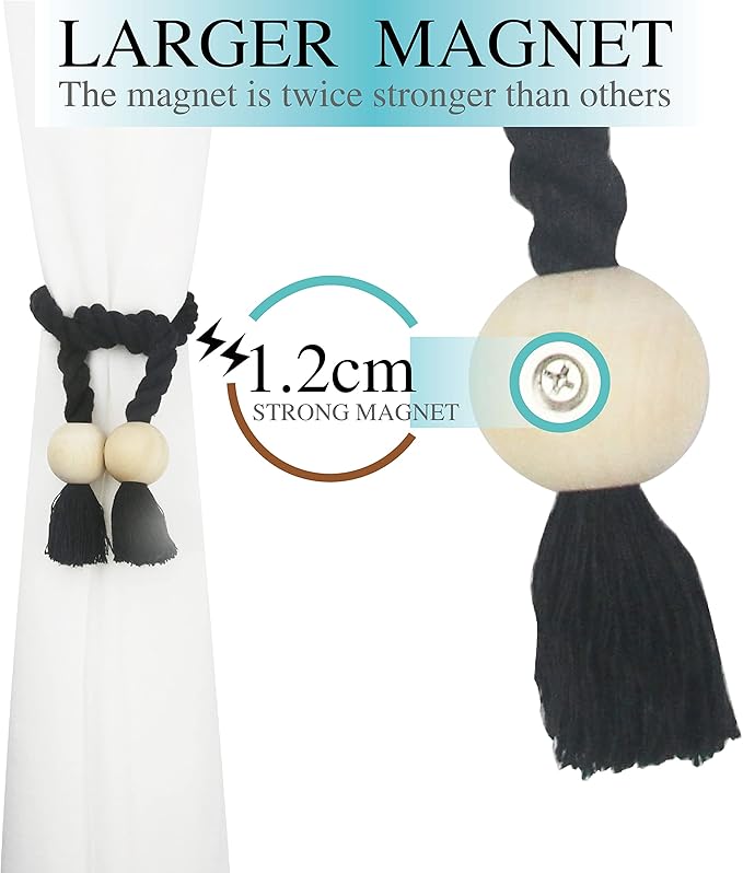 6 Pack Magnetic Curtain Tiebacks Cotton Hand Woven Tie Back Decorative Rope Holdbacks for Curtains Draperies No Tools Required, Black