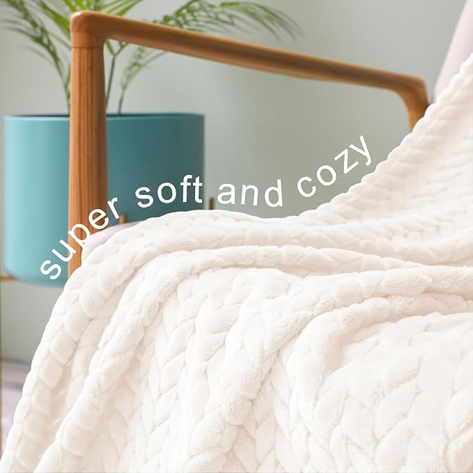 Exclusivo Mezcla Fleece Twin Size Blanket for Bed, 60x80 Inches Soft Cozy Jacquard Flannel Blankets, Lightweight Fuzzy Plush Warm for Women, Off White