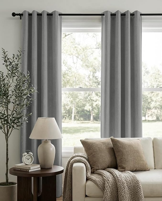 100% Blackout Shield Linen Blackout Curtains for Bedroom, Grey Grommet Curtains for Living Room, Thermal Insulated Room Darkening Drapes for Nursery, Boho Home Decor, 50" W x 90" L, 2 Panels