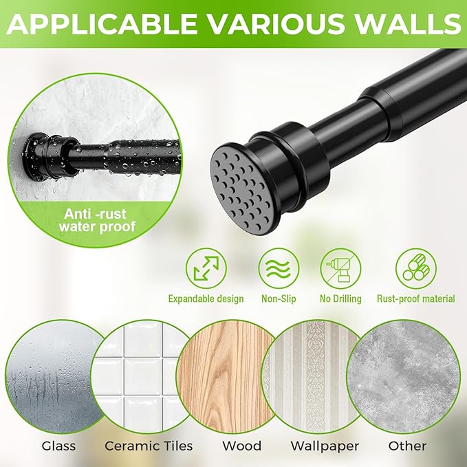 2 Pack No Drill Tension Curtain Rods 28 to 41 Inch Black Small Curtain Rod Adjustable No Drilling for Window,Kitchen,Closet,Doorway,Bedroom