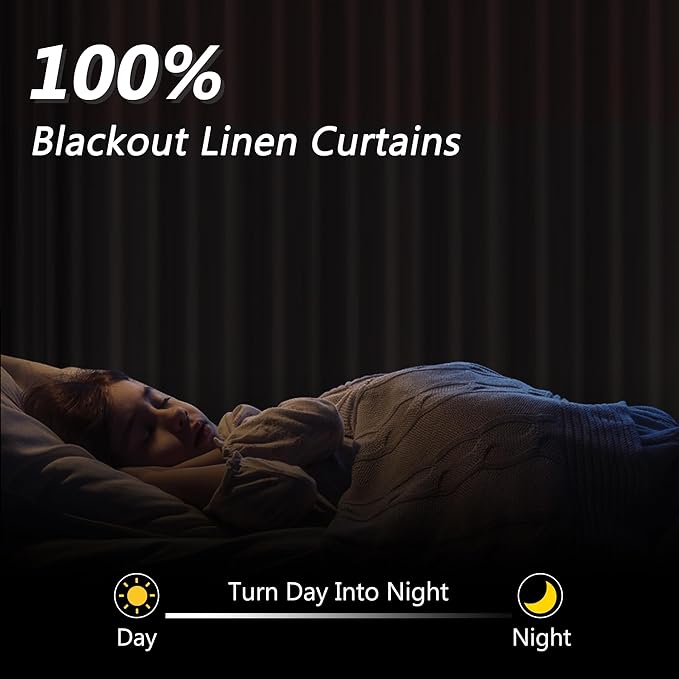 Guken 100% Blackout Linen Curtains 102 Inch Length 2 Panels Set for Living Room Bedroom Back Tab Thermal Insulated Black Out Drapes Room Darkening Room Darkening Farmhosue Window Curtains, 52x102