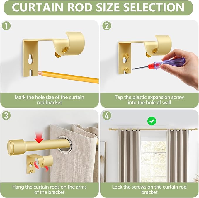 5/8” Diameter Curtain Rods 30-45 Inch, for 30-39 Inch Windows, Adjustable Splicing Gold Curtain Rods for Windows with Brackets, Window Rod Long Small Curtains Rod, 2 Pack