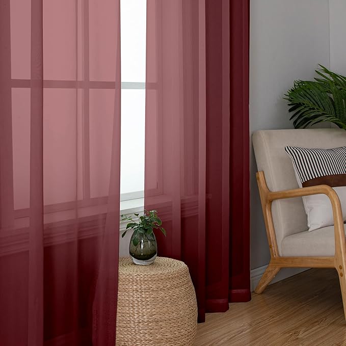 Aiyufeng Sheer Window Curtain Panels 90 Inch Long 2 Pieces, Voile Top Dual Rod Pocket Breathable Fashion Drapes Window Treatment for Wedding Ceremony/Bedroom/Living Room, 42W x 90L inches, Burgundy