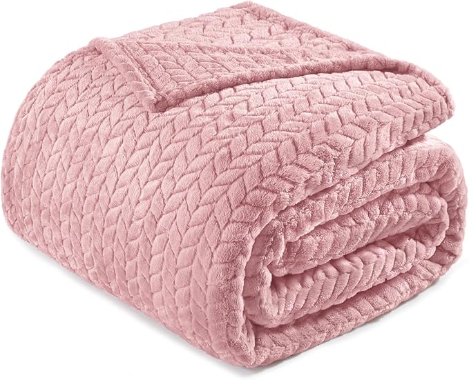 Exclusivo Mezcla Fleece Twin Size Blanket for Bed, 60x80 Inches Soft Cozy Jacquard Flannel Blankets, Lightweight Fuzzy Plush Warm for Women, Pink