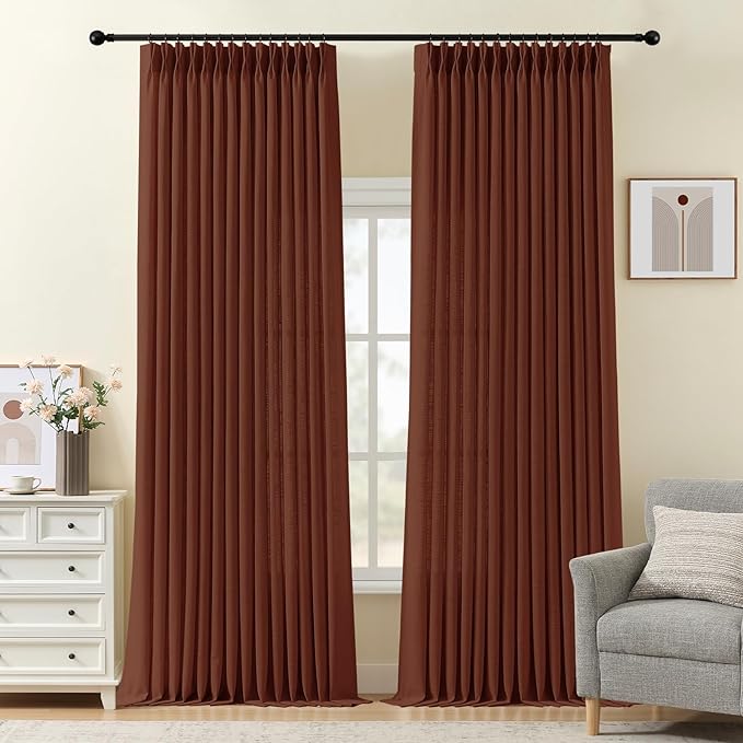 102 Inch Linen Curtains for Living Room, Pinch Pleated Curtain with Hooks Rings Rustic Textured Semi Sheer Light Filtering Pleat Drapes for Bedroom Dining Room, Chestnut Brown, 2 Panel, 40x102