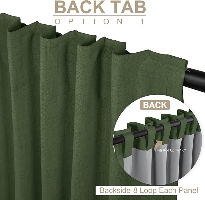 100% Blackout Shield Linen Blackout Curtains for Bedroom 72 Inches Long, Back Tab/Rod Pocket Living Room Drapes, Thermal Insulated Blackout Curtains 2 Panels Set, 50" W x 72" L, Moss Green