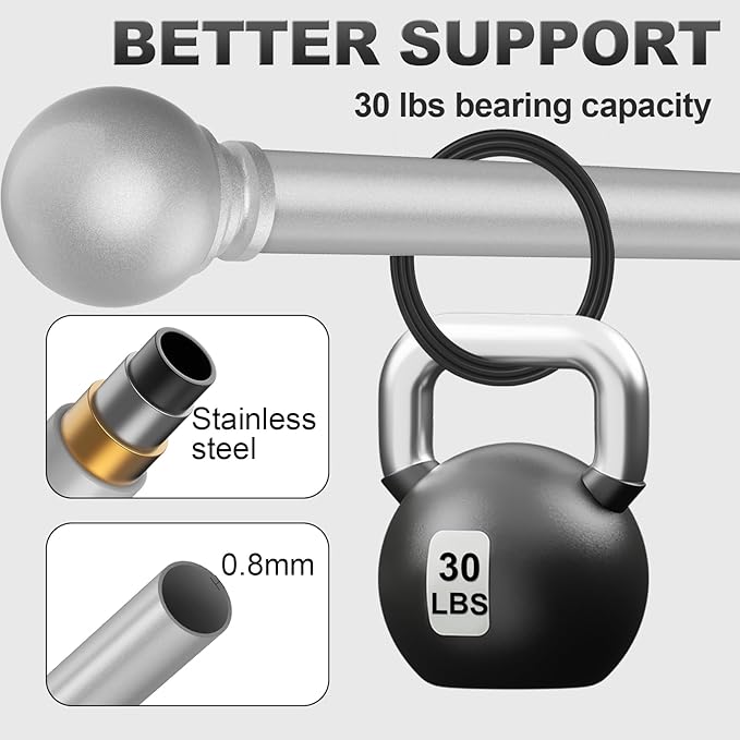 2 Pack Silver Curtain Rods for Bedroom with Brackets,5/8 Inch Diameter Small Window Curtain Rod Adjustable 32 to 48 Inches,Easy Install Drapery Rods,Gray
