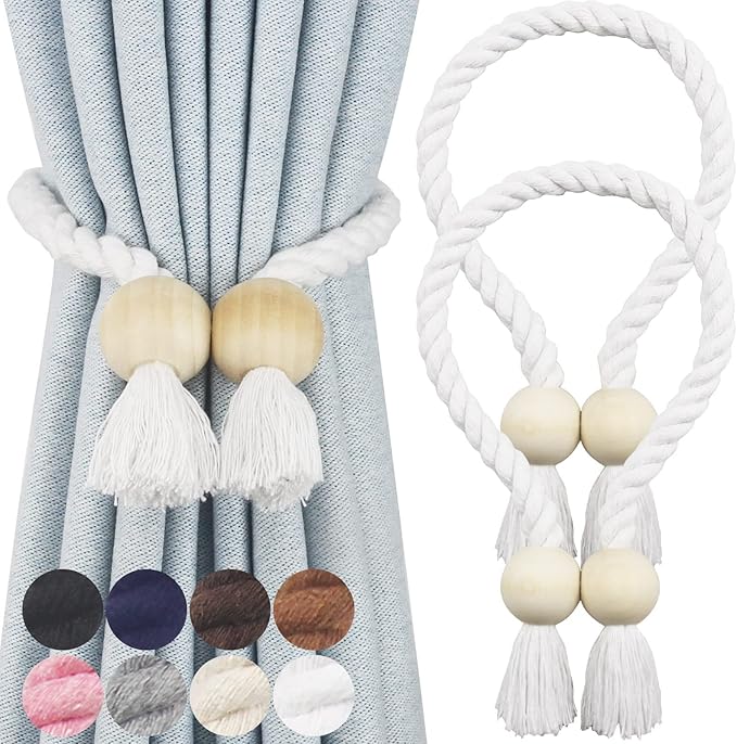 2 Pack Magnetic Curtain Tiebacks Cotton Hand Woven Tie Back Decorative Rope Holdbacks for Curtains Draperies No Tools Required, White
