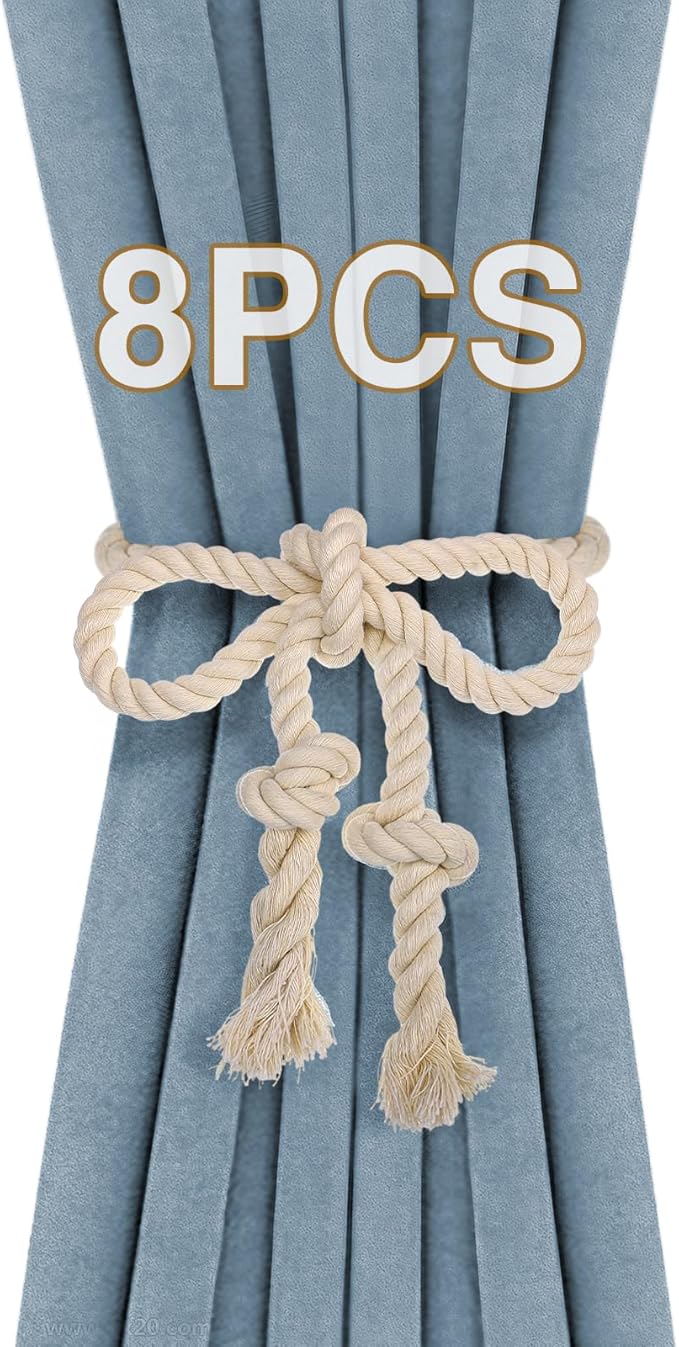 8 Pcs Hand Woven Curtain Tiebacks No Drilling - Boho Drape Holdbacks Rope for Black Blue Light Color Curtains, Decorative Ties for Outdoor Yard Garden Farmhouse Drapery, Beige
