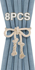 8 Pcs Hand Woven Curtain Tiebacks No Drilling - Boho Drape Holdbacks Rope for Black Blue Light Color Curtains, Decorative Ties for Outdoor Yard Garden Farmhouse Drapery, Beige