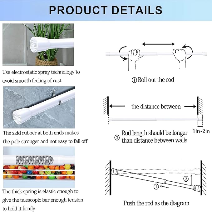 AIZESI 1pcs Tension Curtain Rod Spring Tension Rod Short Curtian Rods No Drilling Expandable Spring Loaded Curtain Tension Rod Adjustable 26 to 39 inch,Best Use Range 28 to 36 inch，White