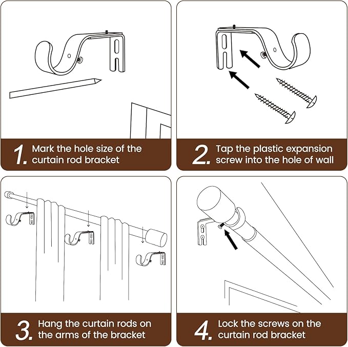 1” Diameter brown curtain rod Itself is 30 to 144 inch. 1 Pack Fits 30-142 inch, 66 to 120 inch Windows with Heavy Duty Adjustable brown curtain rods Splicing Metal Extra Long Curtain Rod
