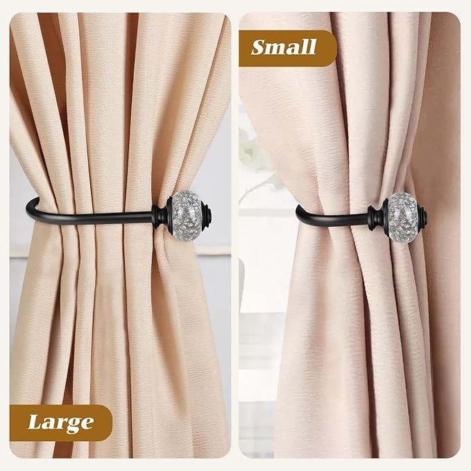 2 Pack Black Curtain Holdbacks, USFOOK Decorative Drapery Tiebacks (2 Pack/1 Pair), Curtain Tie Back Hooks for Wall with Translucent Finials (6.1" L x 4.1" W)