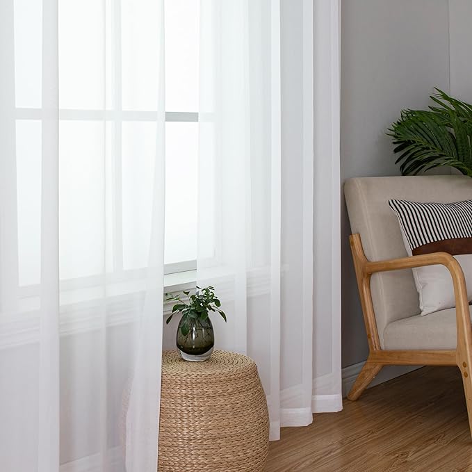 Aiyufeng 108 Inch White Sheer Window Curtains for Farmhouse, Rod Pocket Voile Window Treatment Vertical Panels for Study Room/Bedroom/Living Room, White, W59 x L108, 2 Panels