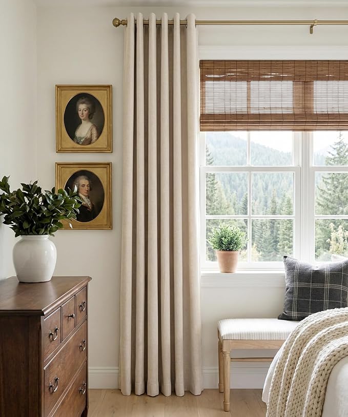 100% Blackout Shield Linen Blackout Curtains for Bedroom, Oatmeal Grommet Curtains for Living Room, Thermal Insulated Room Darkening Drapes for Nursery, Boho Home Decor, 50" W x 63" L, 2 Panels
