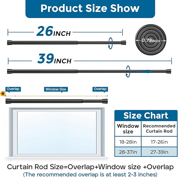 AIZESI 5/8 Inch Spring Tension Curtain Rods - 1-Pack with 2PCS Curtain Rod Holder, 26 to 39 Inch, Black