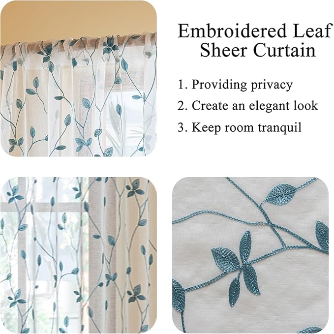 AmHoo 2 Panels Embroidered Leaf Pattern Semi Sheer Curtains Foliage Floral Voile Window Draperies Treatment for Bedroom Living Room Rod Pocket White Teal 53 x 63 Inch