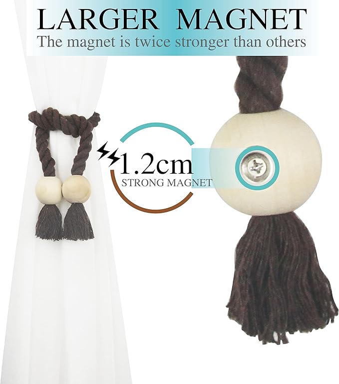 2 Pack Magnetic Curtain Tiebacks Cotton Hand Woven Tie Back Decorative Rope Holdbacks for Curtains Draperies No Tools Required, Coffee