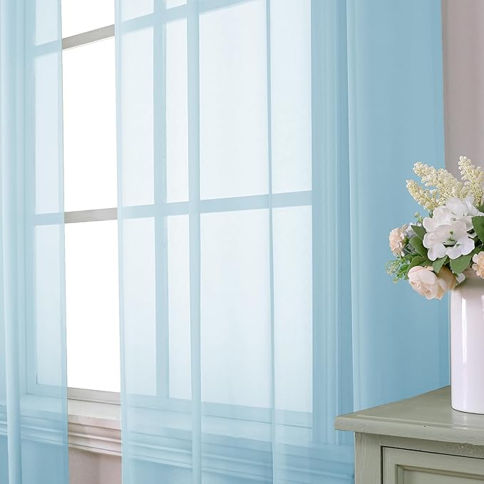Aiyufeng 2 Pack: Basic Sky Blue Sheer Curtain Drapes 90 Inch Length 2 Panels for Living Room, Light Filtering Voile Drapes for Bedroom, Patio, Sliding Door, Each 42" W x 90" L