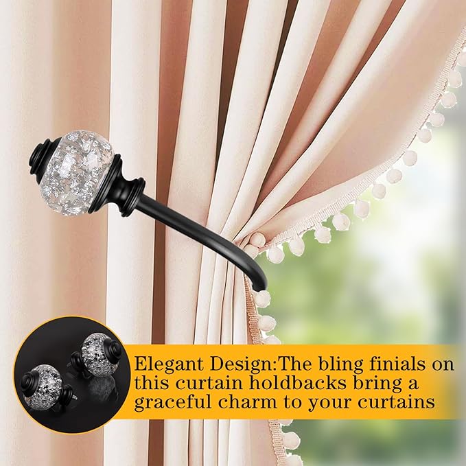 2 Pack Black Curtain Holdbacks, USFOOK Decorative Drapery Tiebacks (2 Pack/1 Pair), Curtain Tie Back Hooks for Wall with Translucent Finials (6.1" L x 4.1" W)