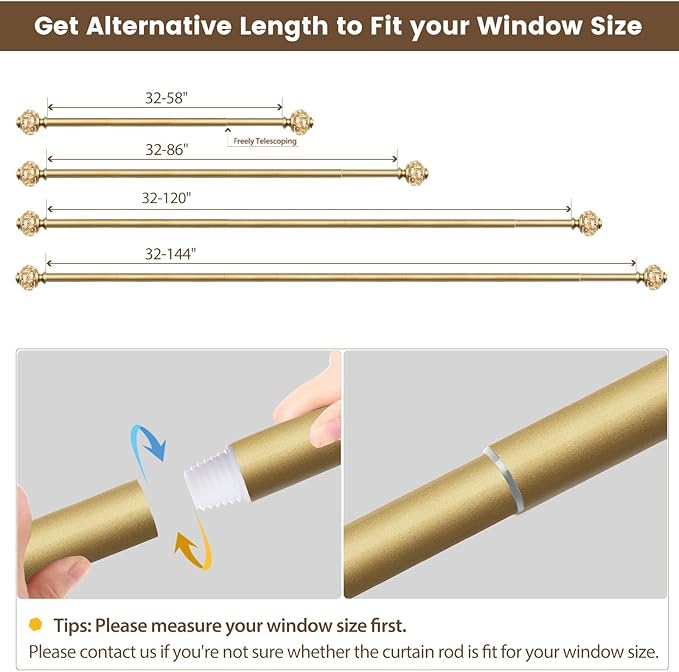 7/8 inch Curtain Rods for Windows 66 to 120 Inch, USFOOK Telescoping Splicing Drapery Rods, Decoration for Home with Luxury Gold Decorative Translucent Finials