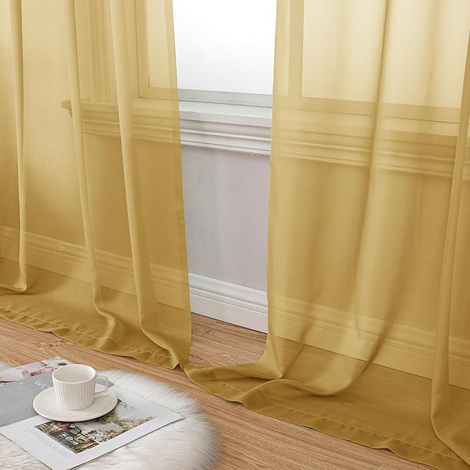Aiyufeng Gold Sheer Curtain 84 Inches Long 2 Panels Set, Light Filtering Gold Window Curtain Drapes Treatment for Kitchen, Bedroom,Children Room, Dual Rod Pocket, 2 Pack of 42 x 84"