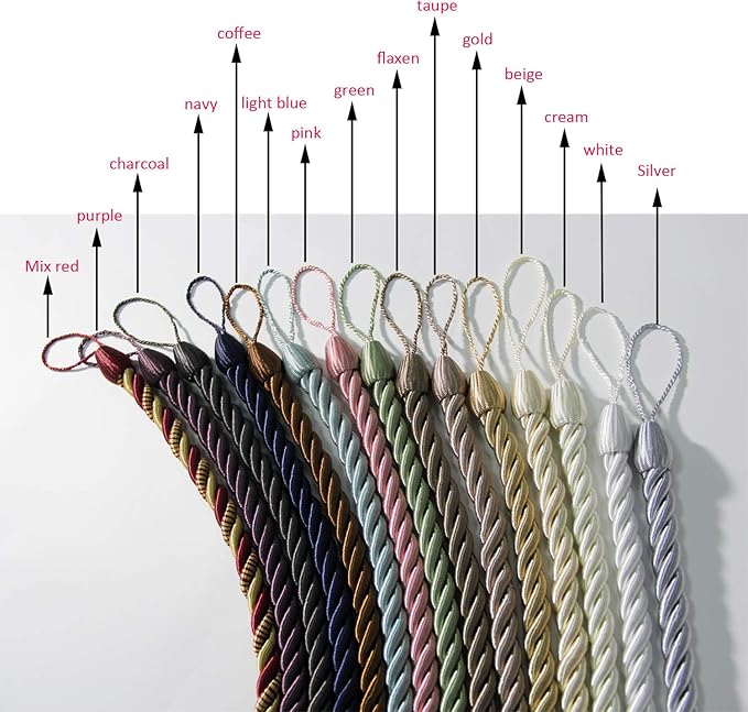 BEL AVENIR Curtain Rope Tiebacks, Drapery Rope Holdbacks with 4 Metal Screw Hooks, 2 Pair - Golden