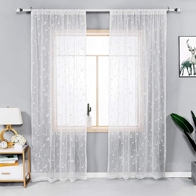 AmHoo 2 Panels Embroidered Leaf Pattern Semi Sheer Curtains Foliage Floral Voile Window Draperies Treatment for Bedroom Living Room Rod Pocket White 53 x 84 Inch