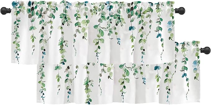 2 Pack Watercolor Green Leaves Window Valance for Bedroom Living Room, Spring Leaf Vine Plant Curtains Valanes for Windows, 3" Rod Pocket Window Treatment for Home Decorations, 54 x 18 Inch, 2 Pcs