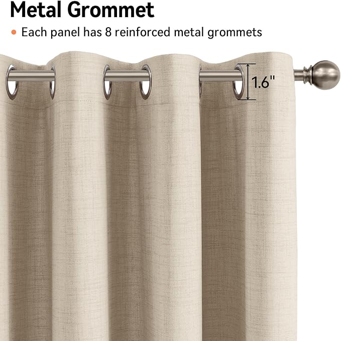 100% Blackout Shield Linen Blackout Curtains for Bedroom, Natural Flax Grommet Curtains for Living Room, Thermal Insulated Room Darkening Drapes for Nursery, Boho Home Decor, 50" W x 108" L, 2 Panels