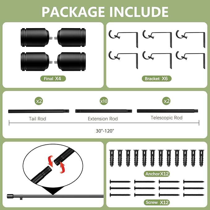 5/8” Diameter Curtain Rods 30-120 Inch, for 30-114 Inch Windows, Adjustable Splicing Black Curtain Rods for Windows with Brackets, Window Rod Long Small Curtains Rod, 2 Pack