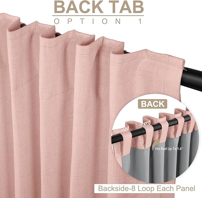 100% Blackout Shield Linen Blackout Curtains for Bedroom 84 Inches Long, Back Tab/Rod Pocket Living Room Drapes, Thermal Insulated Blackout Curtains 2 Panels Set, 50" W x 84" L, Blush Pink