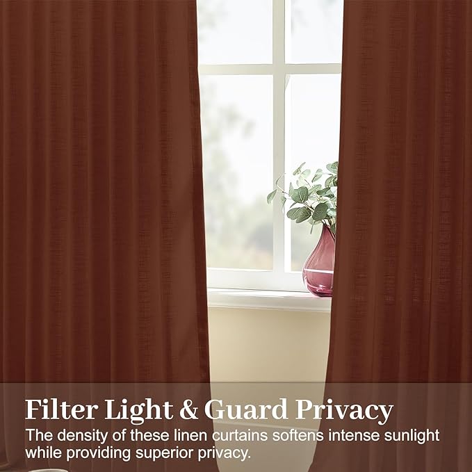 102 Inch Linen Curtains for Living Room, Pinch Pleated Curtain with Hooks Rings Rustic Textured Semi Sheer Light Filtering Pleat Drapes for Bedroom Dining Room, Chestnut Brown, 2 Panel, 40x102