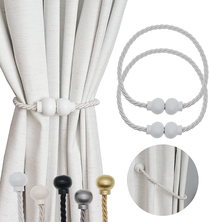 2 Pack Magnetic Curtain Tiebacks Modern Handmade Rope Curtain Tie Backs Decorative Drapes Weave Holdbacks for Home Outdoor Bedroom Office Decorative Curtain, White