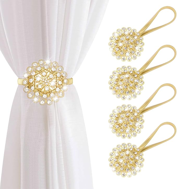 AULEEP Magnetic Curtain Tiebacks, 4 Pack Magnetic Crystal Decorative Drapes Curtain Clips Buckle, Flower Curtain Tie Back, European and American Style (Gold)