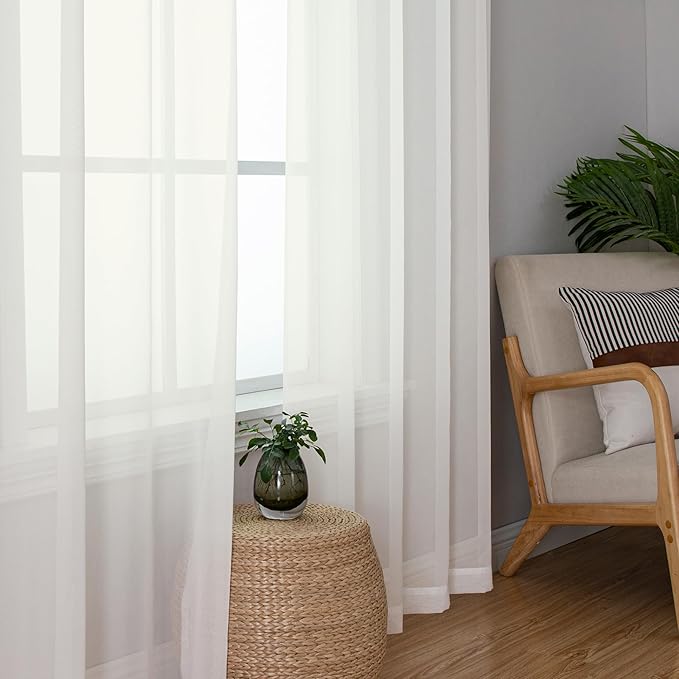 Aiyufeng 108 Inch Ivory Sheer Window Curtains for Farmhouse, Rod Pocket Voile Window Treatment Vertical Panels for Study Room/Bedroom/Living Room, Ivory, W59 x L108, 2 Panels