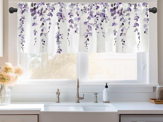 2 Pack Watercolor Purple Leaves Window Valance for Bedroom Living Room, Lavender Leaf Plant Curtains Valanes for Windows, 3" Rod Pocket Window Treatment for Home Decorations, 54 x 18 Inch, 2 Panel