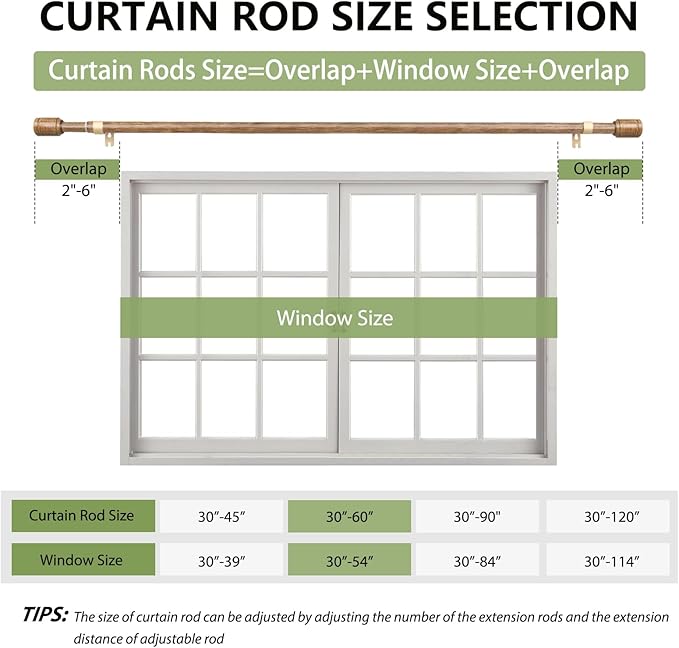 5/8” Diameter Curtain Rods 30-60 Inch, for 30-54 Inch Windows, Adjustable Splicing Wood Grain Curtain Rods for Windows with Brackets, Window Rod Long Small Curtains Rod, 1 Pack