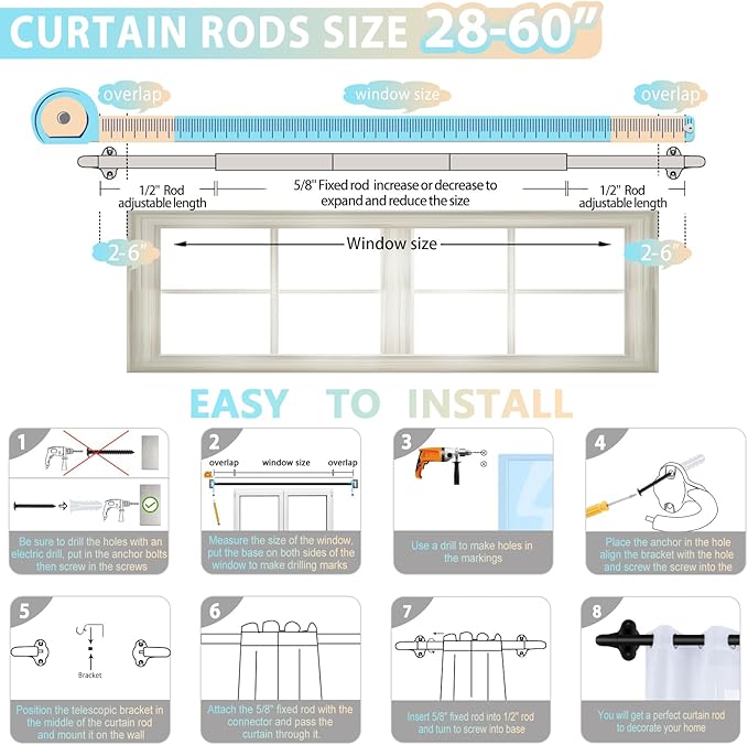TVWOO Black Wrap Around Curtain Rods:5/8" Small Blackout Adjustable Window Curtain Rod for Bedroom Kitchen Apartment Renter Friendly,Room Darkening Curved Drapery Rods Easy Install,Matte Black 28-60"