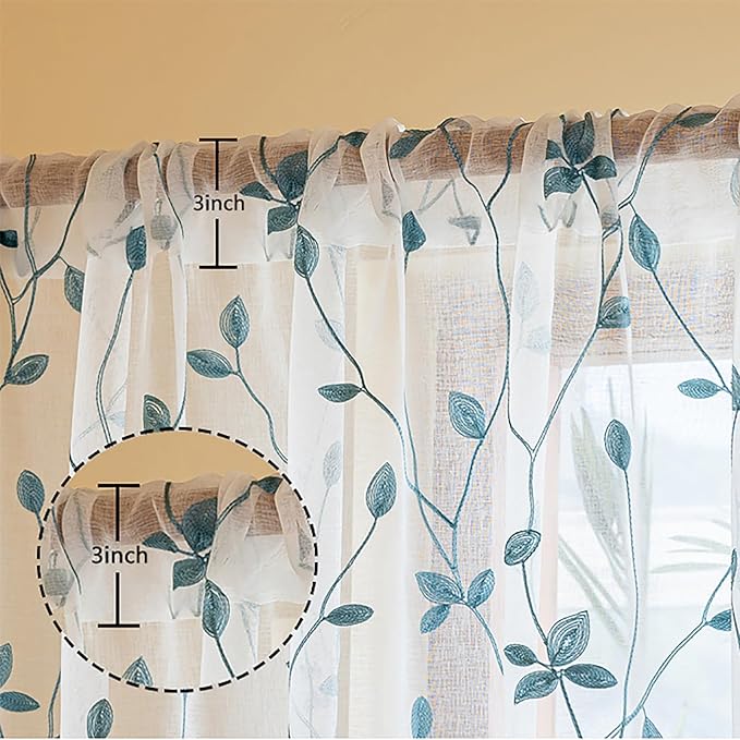 AmHoo 2 Panels Embroidered Leaf Pattern Semi Sheer Curtains Foliage Floral Voile Window Draperies Treatment for Bedroom Living Room Rod Pocket White Teal 53 x 95 Inch