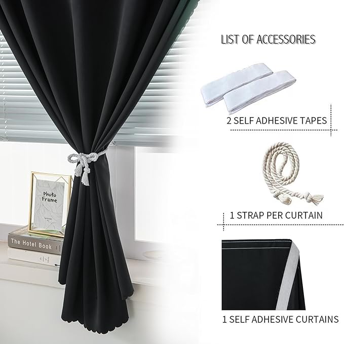 Adhesive Blackout Curtains- Self Stick Shades Window Blinds Curtains No Rod Needed Easy to Hang Curtains, Use for Bedroom, Living Room, Dining Room, Kitchen, Home Office, 59"W X 59"L, Black, 1 Panel