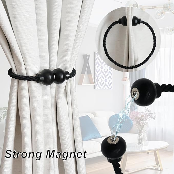 2 Pack Magnetic Curtain Tiebacks Modern Handmade Rope Curtain Tie Backs Decorative Drapes Weave Holdbacks for Home Outdoor Bedroom Office Decorative Curtain, Black