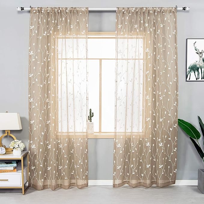 AmHoo 2 Panels Embroidered Leaf Pattern Semi Sheer Curtains Foliage Floral Voile Window Draperies Treatment for Bedroom Living Room Rod Pocket Taupe 53 x 84 Inch
