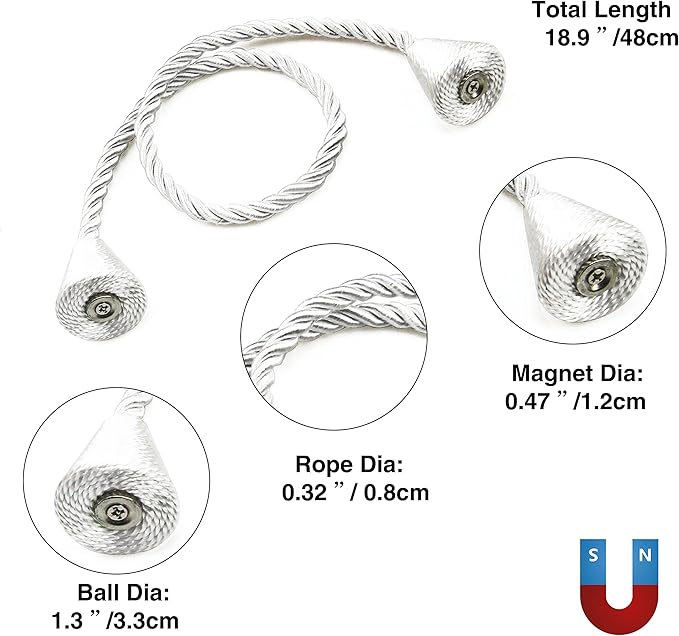 2 Pack Magnetic Curtain Tiebacks Rope Modern Handmade Curtain Tie Backs Decorative Drapes Weave Holdbacks for Window Décor, Silver
