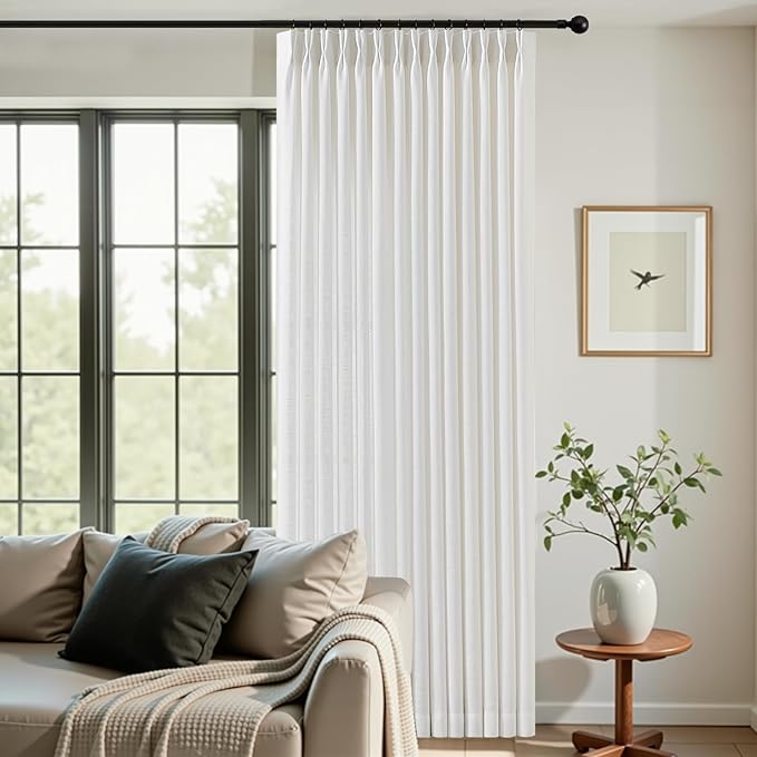 102 Inch Linen Pleated Curtains for Living Room, Pinch Pleated Curtain with Rings Hooks Semi Sheer Light Filtering Memory Trained Window Drapes for Bedroom Dining Room, 40W, Snow White, 2 Panel