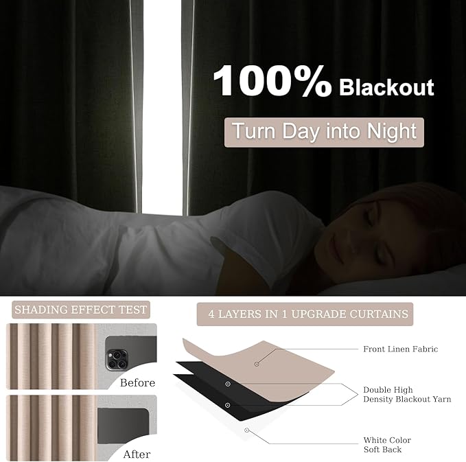 102 inch long Linen blackout curtains for tall windows 2 Panels 100% Blackout Linen texture Curtain Window Drapes Back Tab Rod Pocket Room Darkening Thermal Insulated Panel for Bedroom Living Room