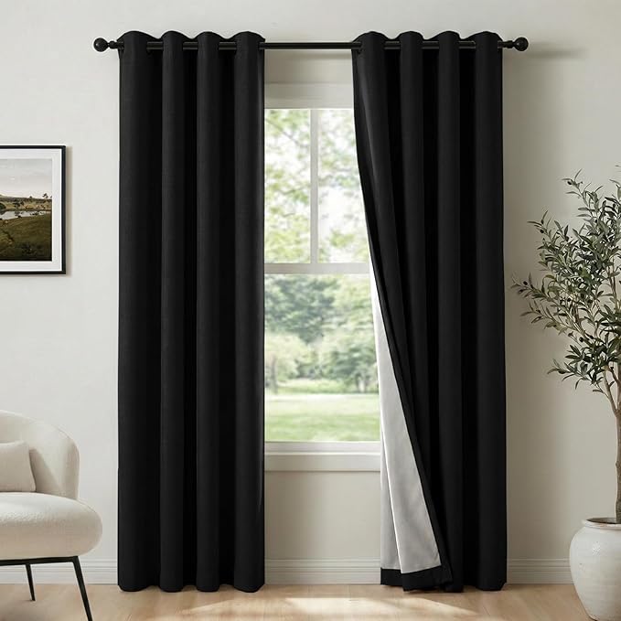 100% Blackout Shield Linen Blackout Curtains for Bedroom, Black Grommet Curtains for Living Room, Thermal Insulated Room Darkening Drapes for Nursery, Boho Home Decor, 50" W x 96" L, 2 Panels