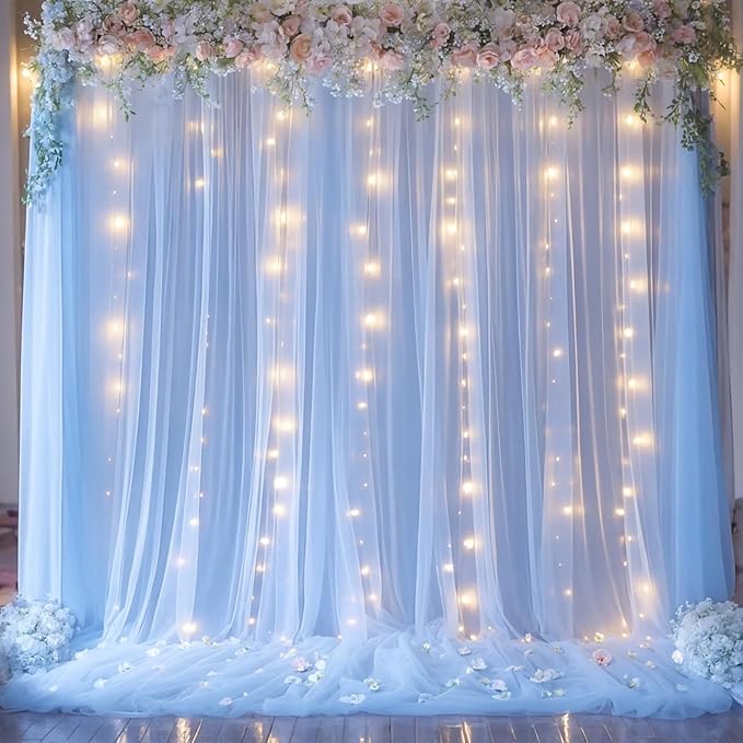 10ft x 15ft Baby Blue Tulle Backdrop Curtain for Baby Shower Party Sheer Fabric Backdrop Curtains for Boy Birthday Gender Reveal Back Drop Wedding Photo Backdrop Drapes Background 2 Panels 5ft x 15ft